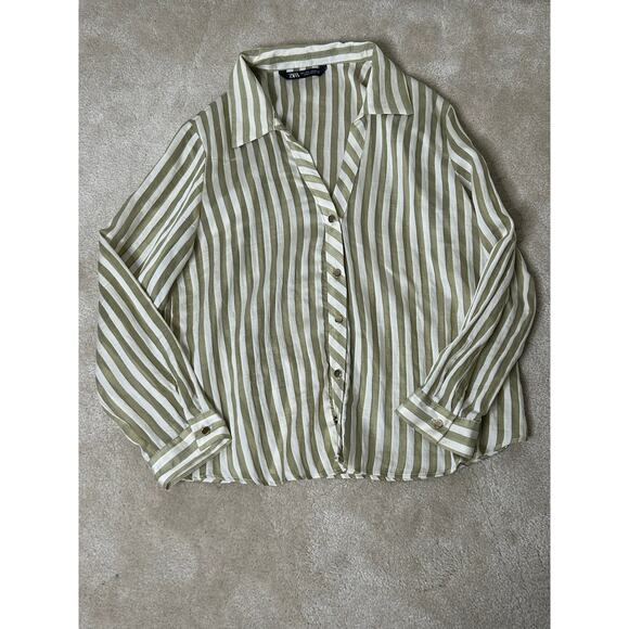 Zara Flowy Striped‎ Long Sleeve Gold Buttons Shirt Ecru/Green Sz L - Picture 10 of 13